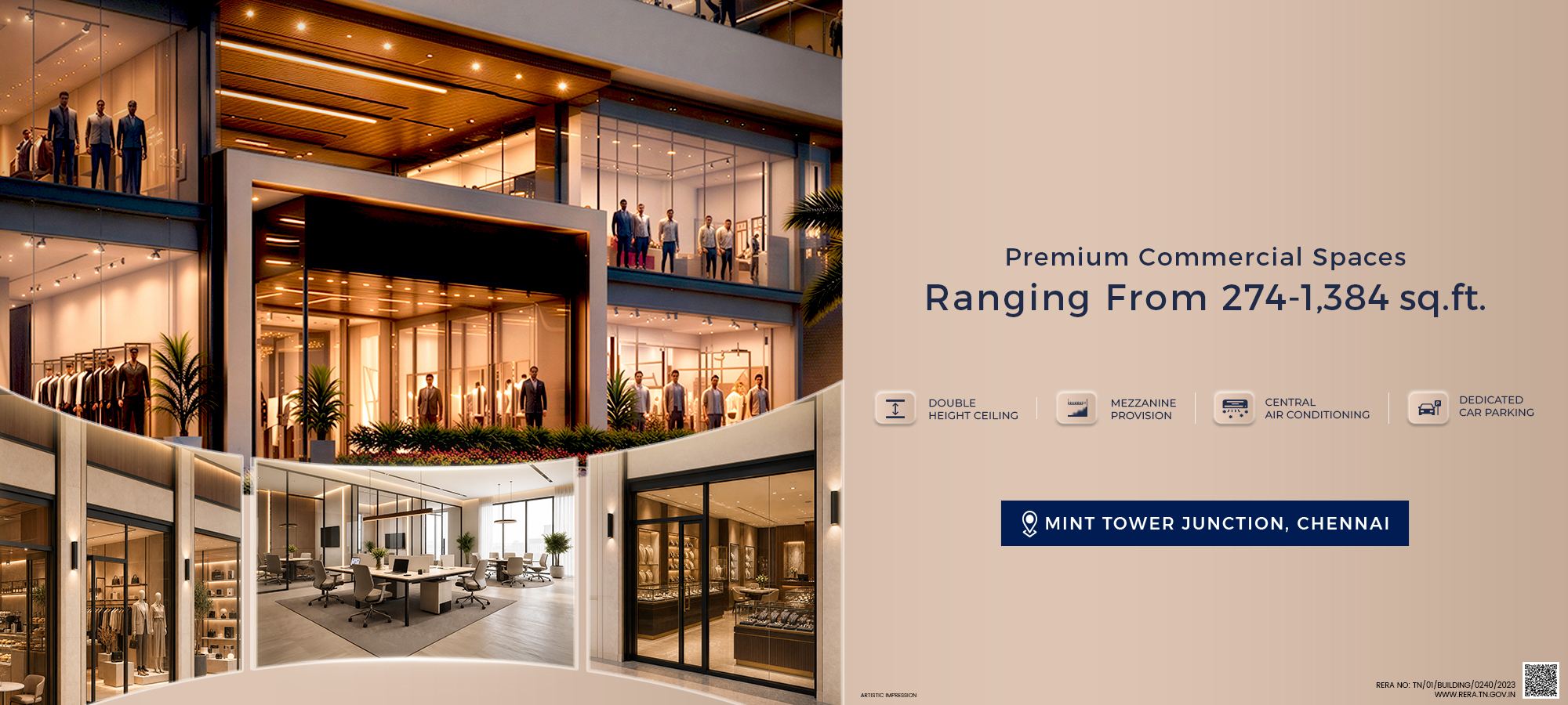 Mint Plaza retail and office interiors - premium commercial spaces from 274 to 1,384 sq.ft.