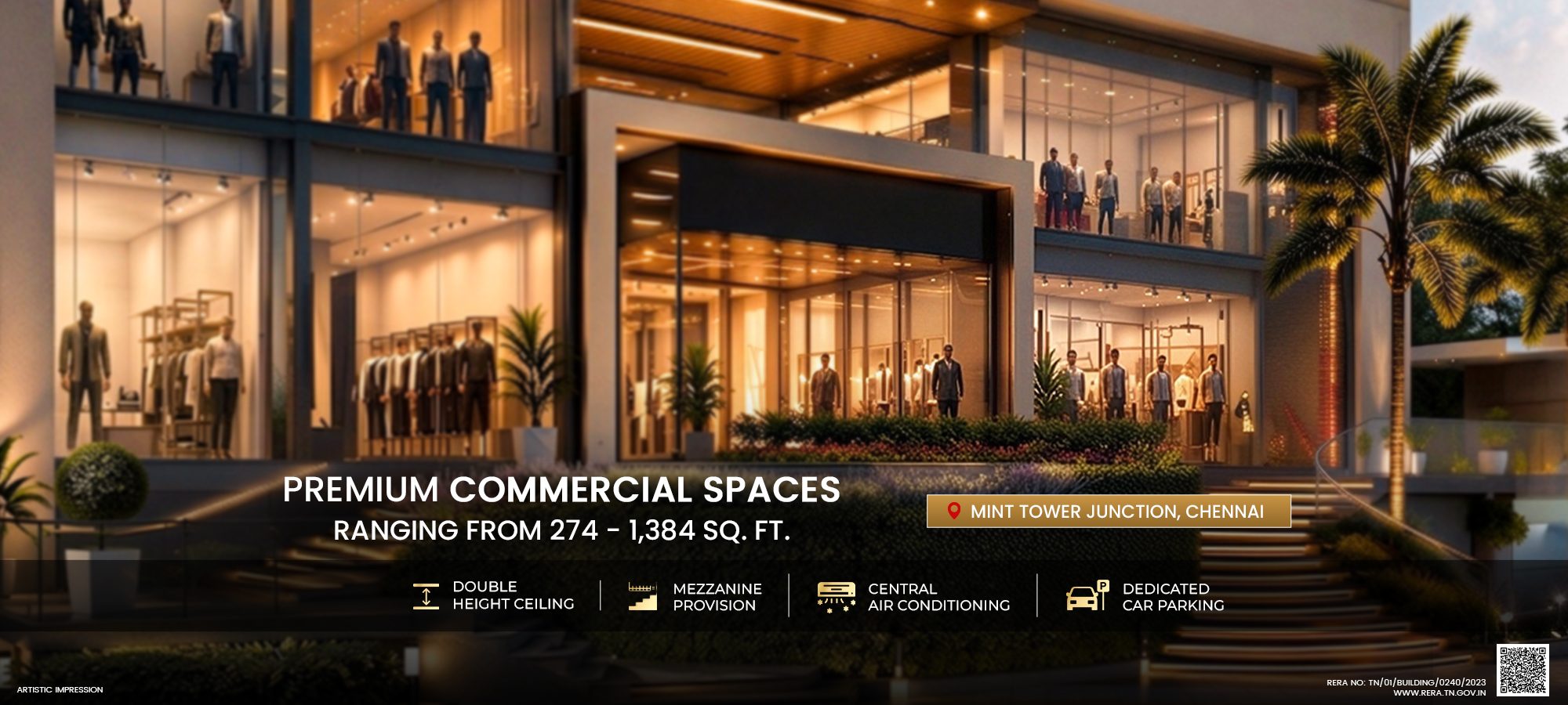 Mint Plaza street-level retail frontage with double height ceilings and dedicated car parking